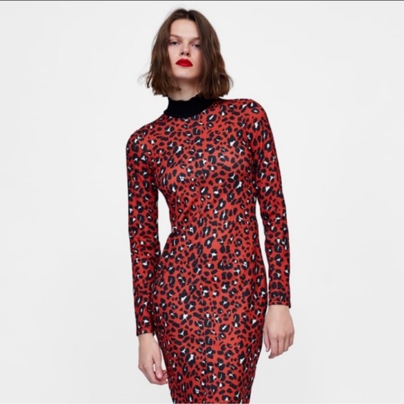 Zara Red Leopard Print Midi Dress - Picture 1 of 10